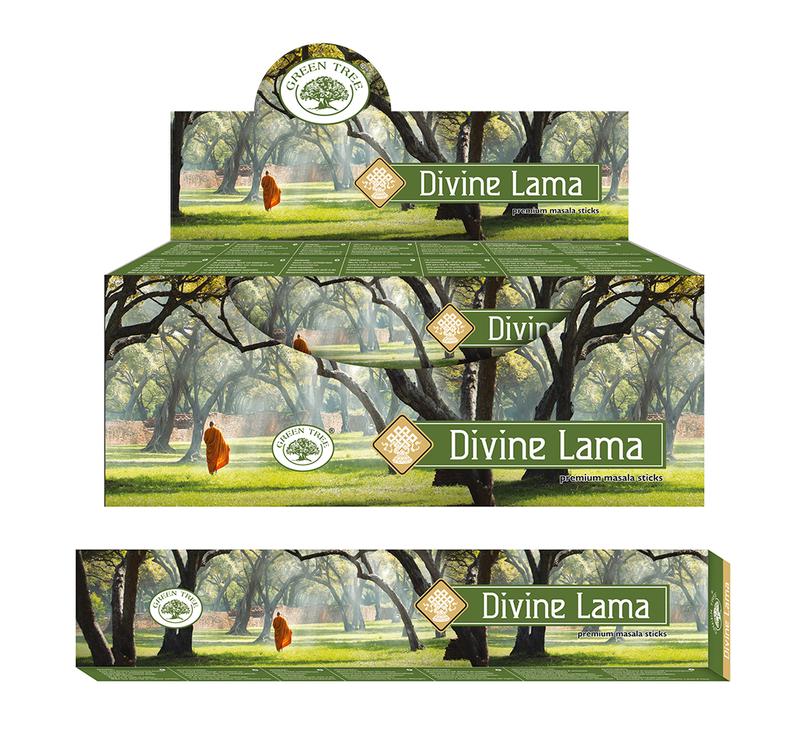 Green Tree Divine Llama incense sticks, natural green scented wierookstokjes in a 15g package, traditional incense for aromatic use.