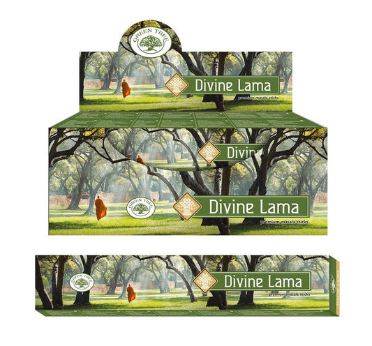 Green Tree Divine Llama incense sticks, natural green scented wierookstokjes in a 15g package, traditional incense for aromatic use.