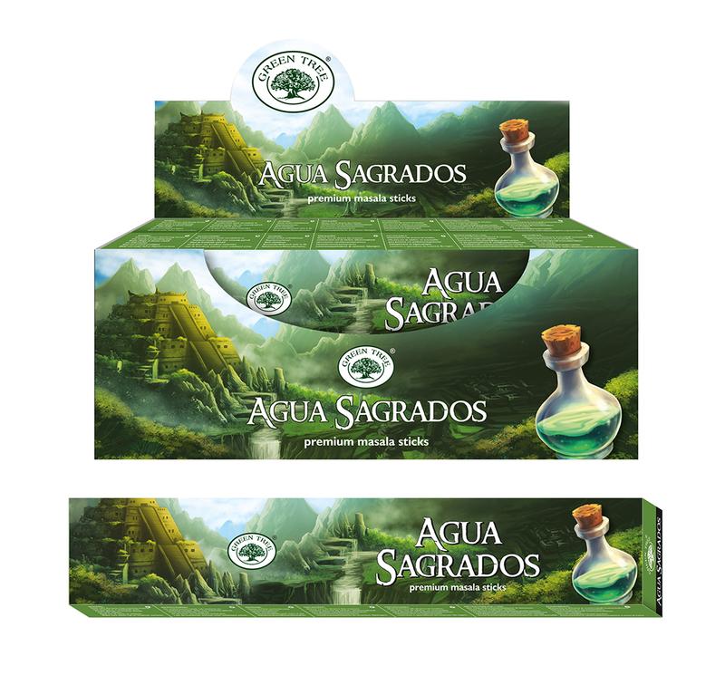 Green Tree aqua sagrados natural incense sticks in 15 grams, arranged in a bundle with green and white packaging visible.