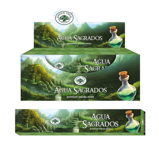 Green Tree aqua sagrados natural incense sticks in 15 grams, arranged in a bundle with green and white packaging visible.