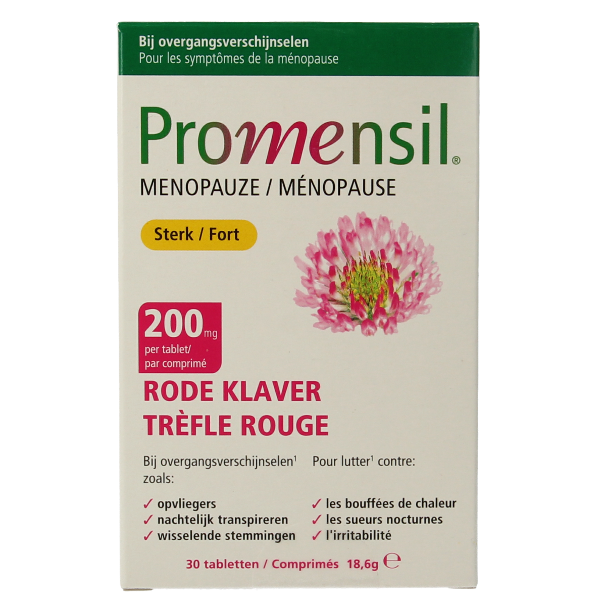 Promensil Sterk herbal supplement tablets in a blister pack, natural herbal product for women’s health.