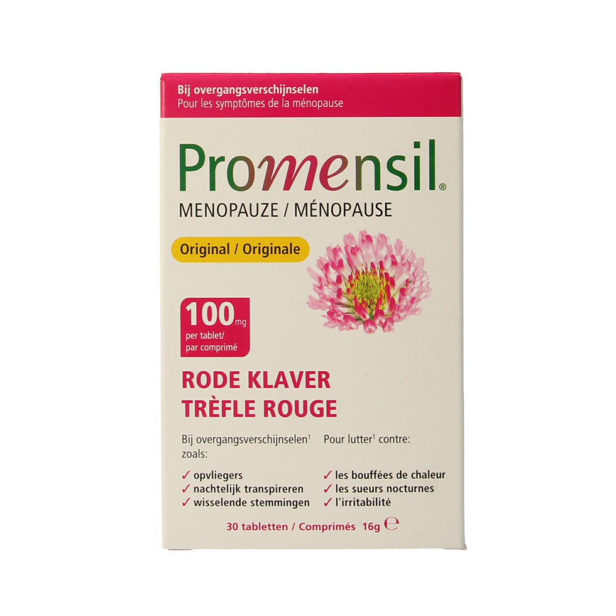 Promensil Original herbal supplement tablets in a blister pack, natural plant-based product for women's health.