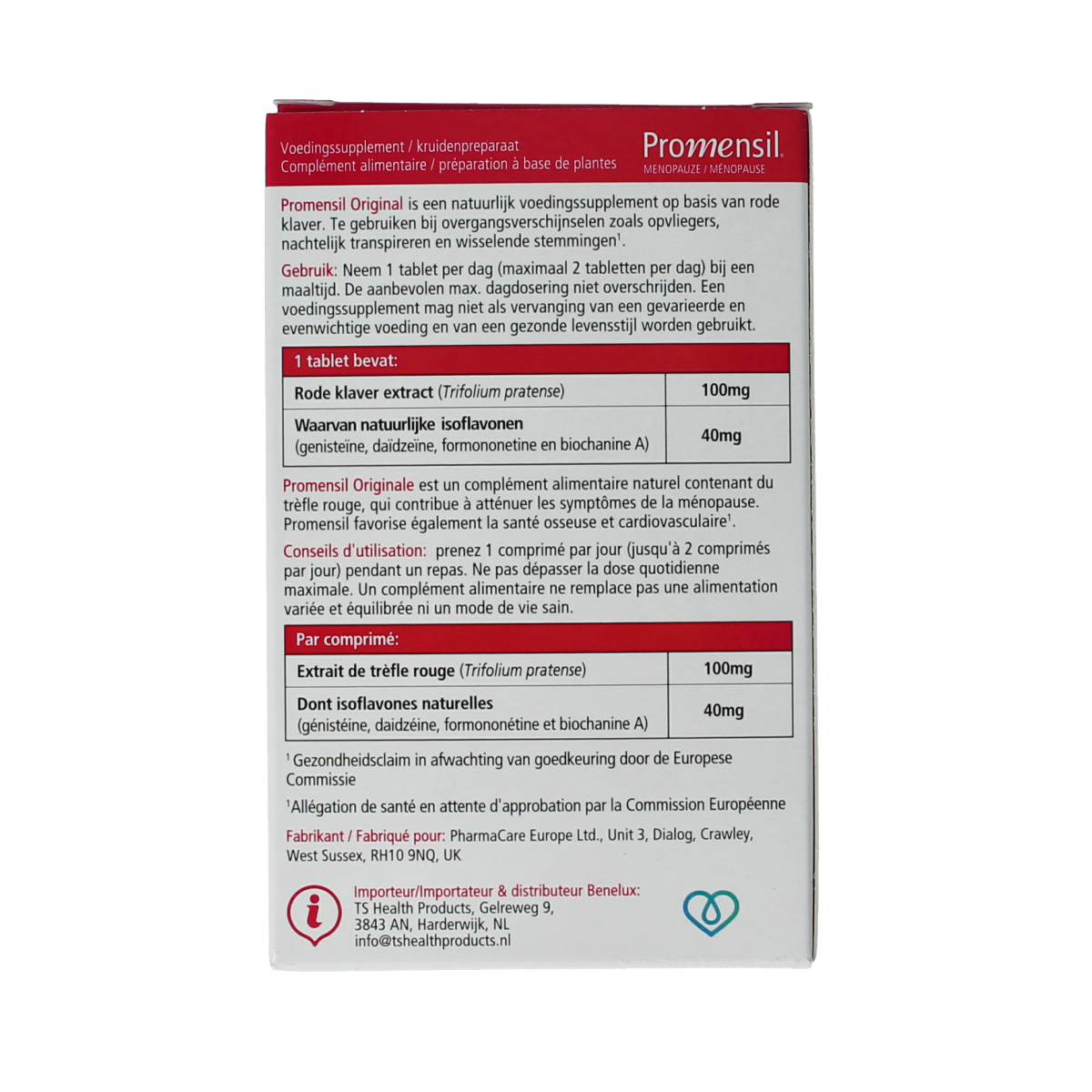 Promensil Original herbal supplement tablets in a bottle, natural herbal remedy from Promensil for women's health.