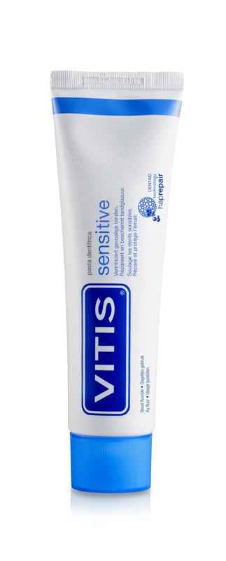 Vitis Sensitive toothpaste in 75ml tube, showing the packaging and brand logo on the tube.