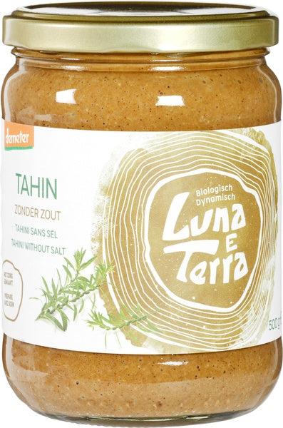 Luna E Terra Tahin zonder zout demeter bio, 500g, creamy plant-based spread for bread and snacks.