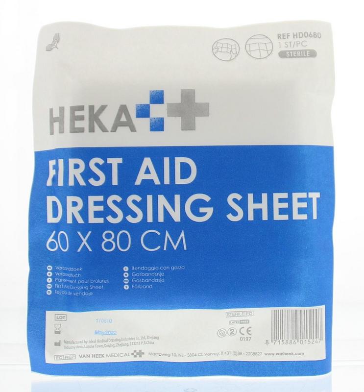 Heka Buisverband en Verbanddoek, 60x80cm, sterile, soft medical gauze for wound dressing, in packaging.