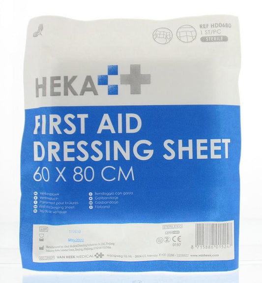 Heka Buisverband en Verbanddoek, 60x80cm, sterile, soft medical gauze for wound dressing, in packaging.