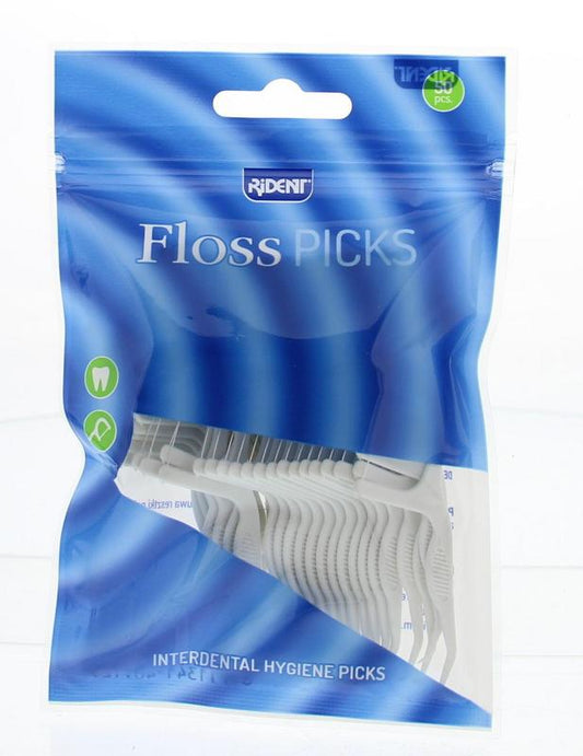 Rident floss picks for dental hygiene and tooth cleaning, 50-piece pack, with a close-up of the floss picks in use.