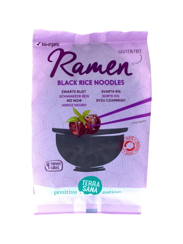 Organic TerraSana black rice ramen pasta in a 280g package, showcasing uncooked black rice strands in a clear bag.