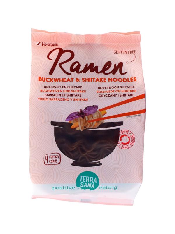 TerraSana bio ramen boekweit pasta with shiitake mushrooms in 280g package, gluten-free and organic Japanese-inspired noodle product.