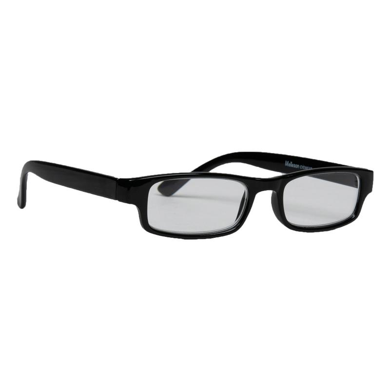 Melleson Eyewear Overkijk reading glasses in black with +1.50 magnification, showing the sleek design and optical lenses.