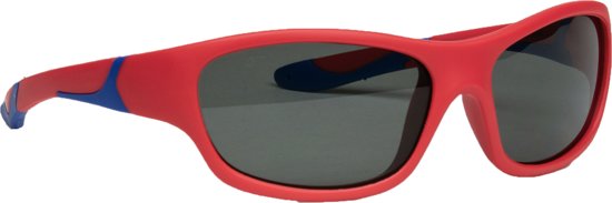 Melleson Eyewear junior sunglasses in red and blue for children aged 3-8, with 1.00 diopter prescription, in a natural outdoor setting