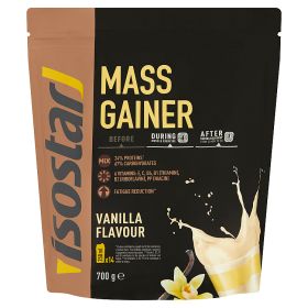 Isostar vanilla mass gainer protein powder in a 700g container for sports nutrition and muscle building.