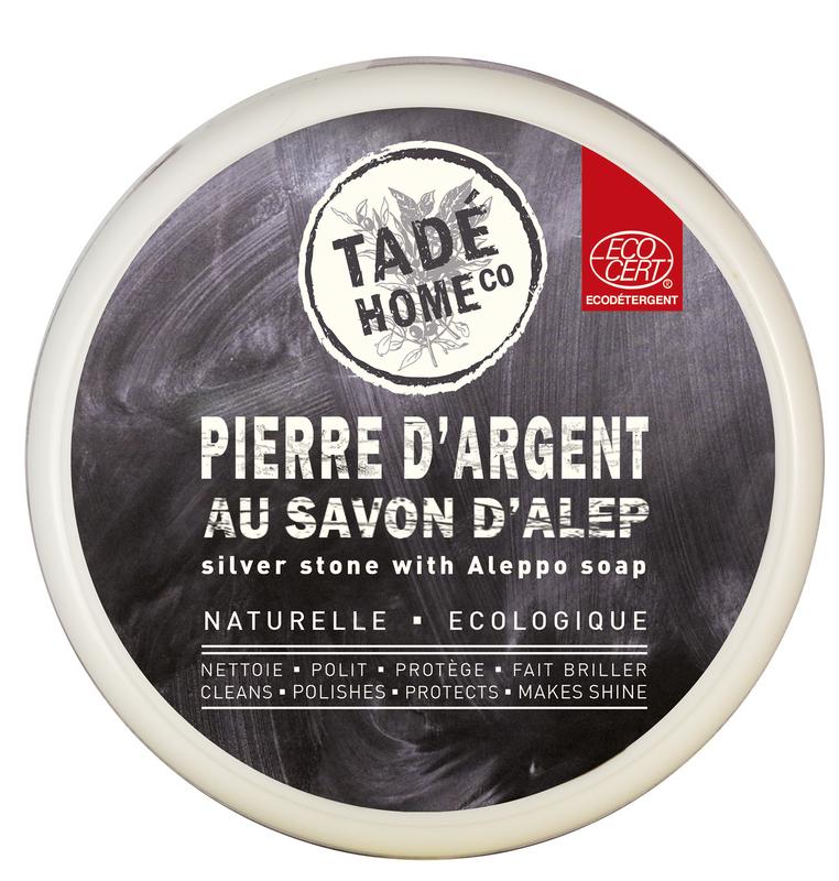 Aleppo Home Co zilverpoets with Aleppozeep, 300g, a cleaning product featuring a silver polishing cloth and soap for surface cleaning.