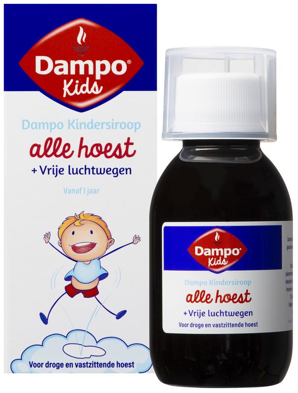 Dampo Kids alle hoest syrup bottle showing the 100ml packaging, designed for children with cough relief.