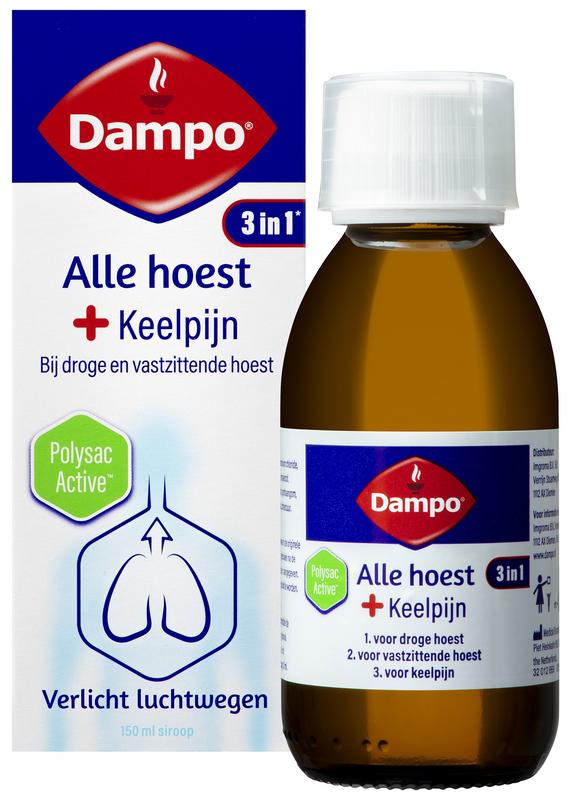 Dampo Hoesten + Keelpijn syrup bottle, 150ml, with label showing product details and branding.
