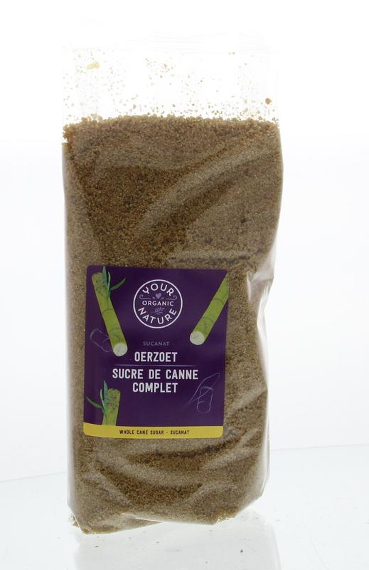 Organic Your Organic Nature Oerzoet bio sugar in a 500g package, showcasing the natural, unrefined sweetener with a clear label.