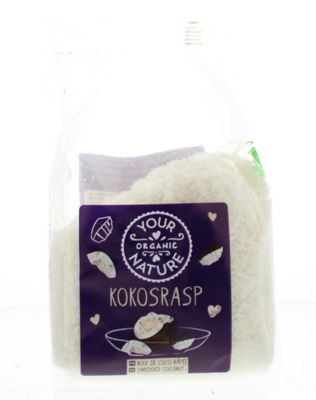 Raw organic coconut flakes from Your Organic Nature, 150g, showing the light brown shredded coconut on a clean background.
