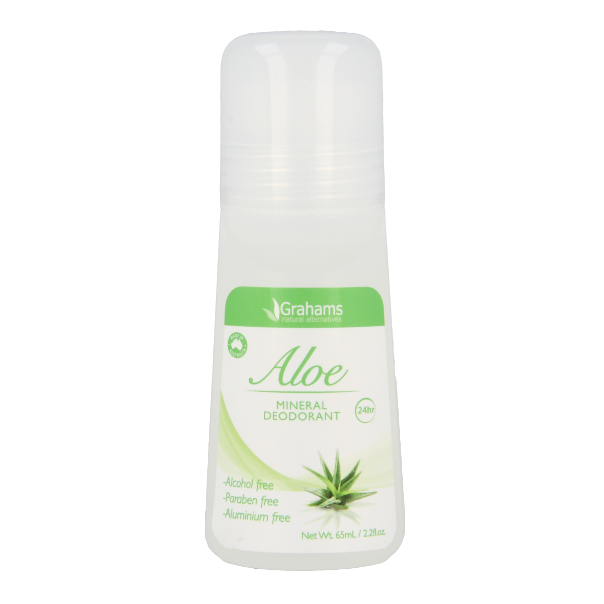 Grahams mineral aloe deodorant in 65ml tube, featuring natural ingredients and a soothing aloe scent.