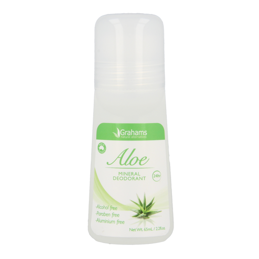 Grahams mineral aloe deodorant in 65ml tube, featuring natural ingredients and a soothing aloe scent.