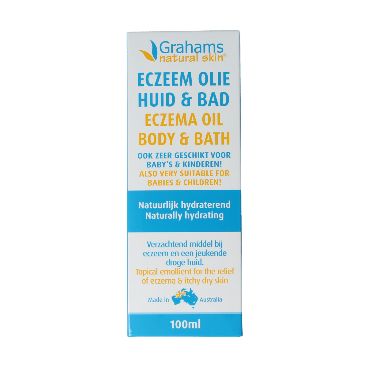Grahams Eczeem olie 100ml bottle, natural body care product for soothing skin irritation, with a clear label and cap.