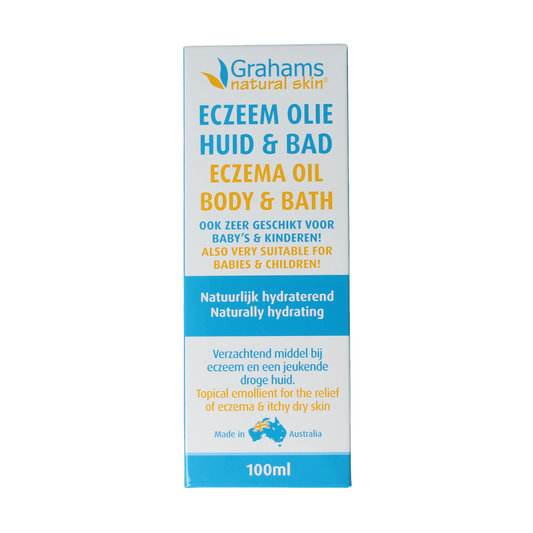 Grahams Eczeem olie 100ml bottle, natural body care product for soothing skin irritation, with a clear label and cap.