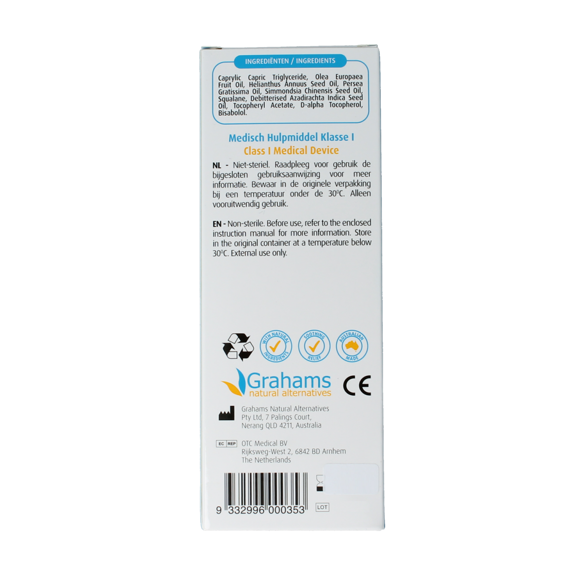 Grahams Eczeem olie 100ml bottle for skincare, natural body care oil for eczema relief and skin soothing.
