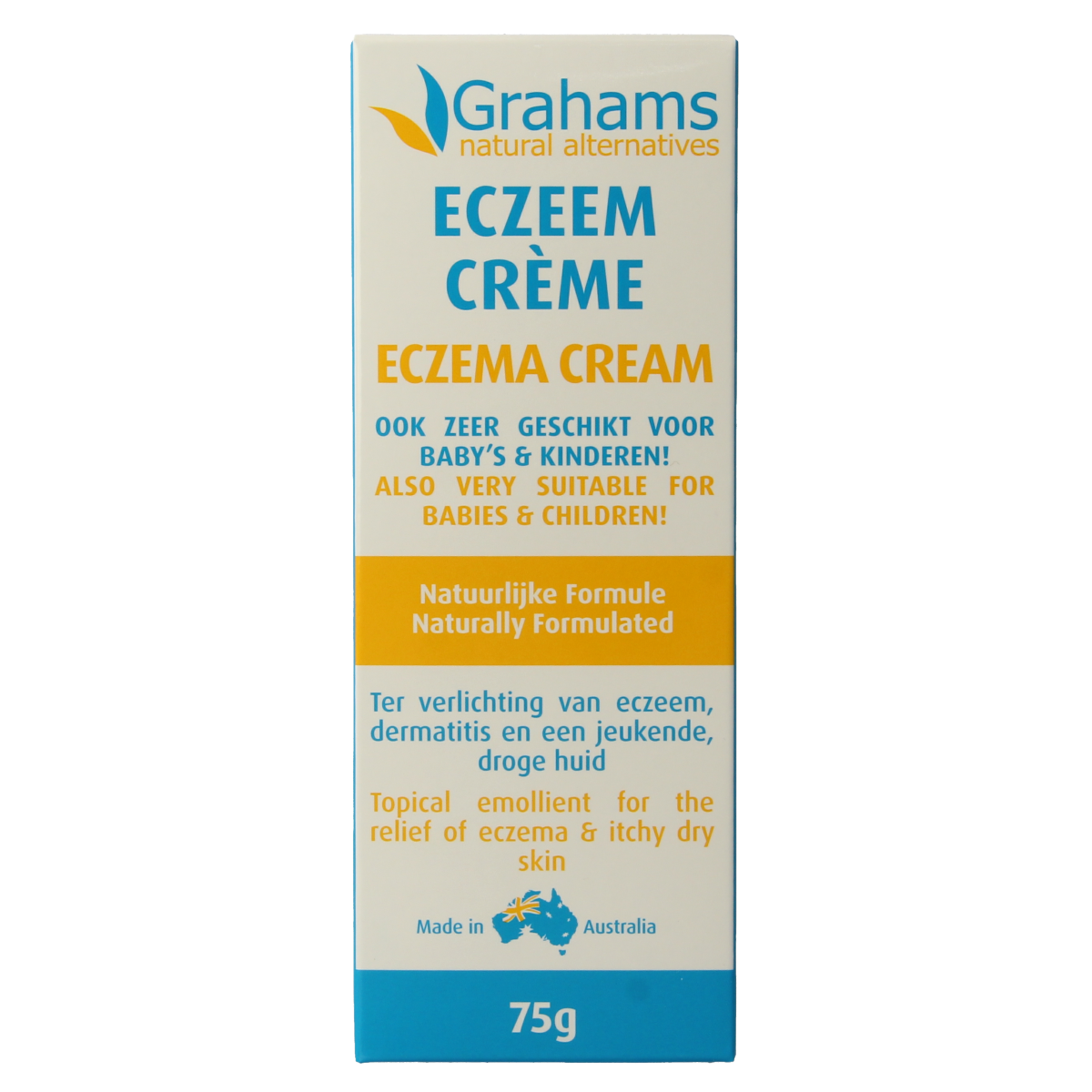 Grahams Eczeemcreme 75g for body care, soothing cream in a white tube with blue and green accents.
