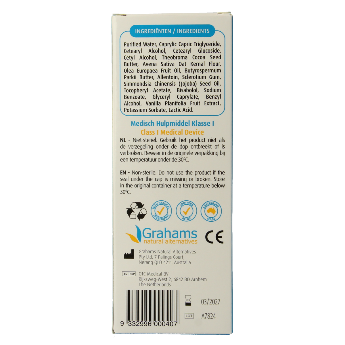Grahams Eczeemcreme in 75g tube, skincare for eczema relief, natural body care product with soothing ingredients.