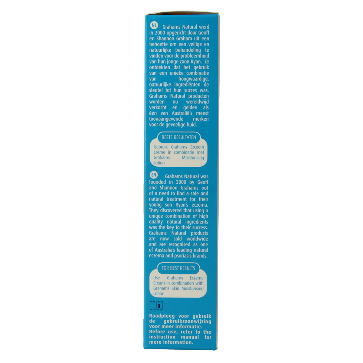 Grahams Eczeemcreme 75g, a body care cream for eczema relief, in a white tube with blue accents and product label.