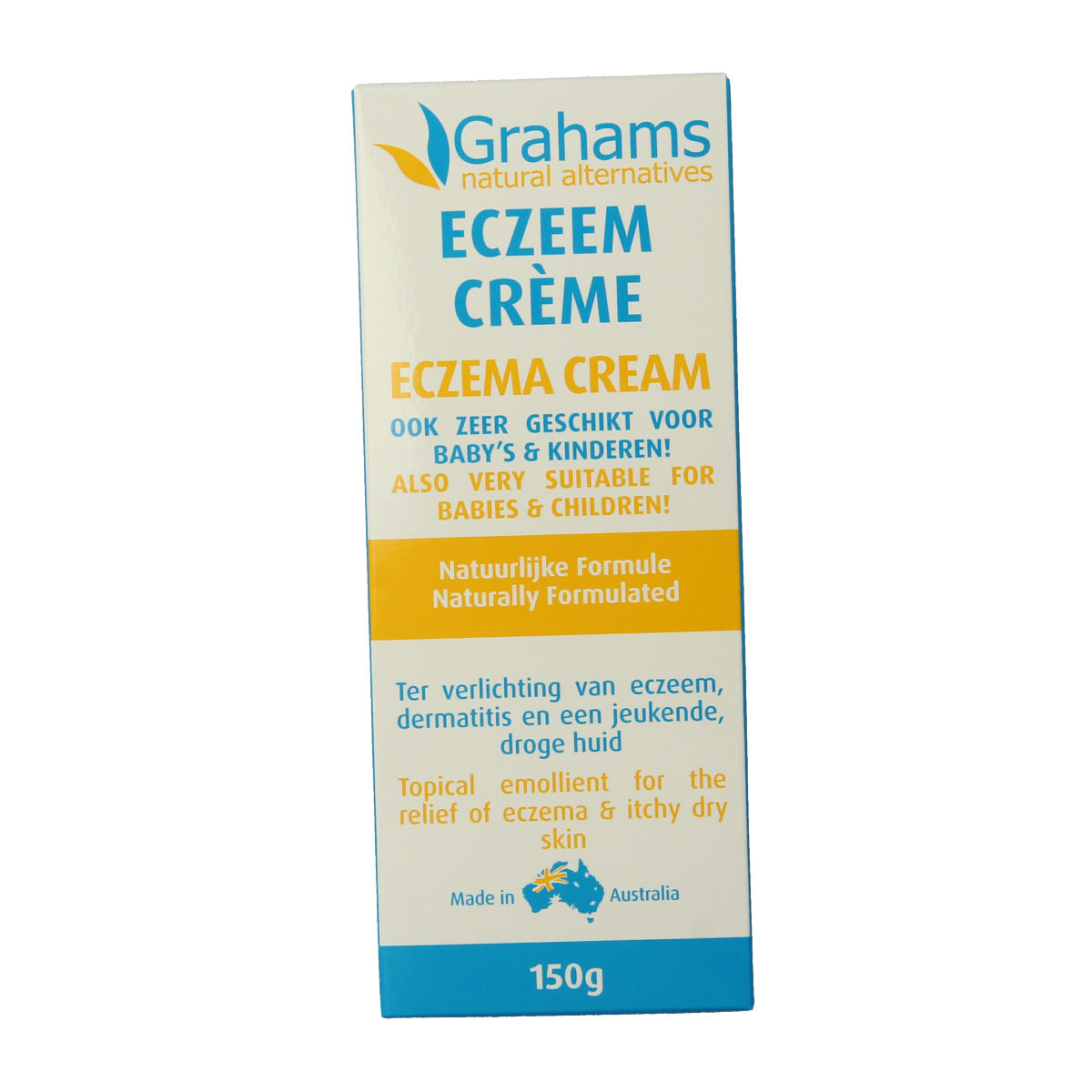Grahams Eczeemcreme 150g, natural body care cream for eczema relief, with a smooth, creamy texture in a white jar.