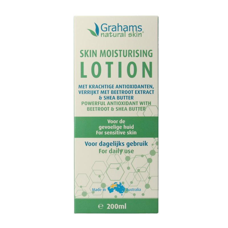 Grahams Skin moisturizing lotion 200ml, facial skincare product in a white bottle with a pump dispenser, suitable for daily use.