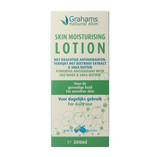 Grahams Skin moisturizing lotion 200ml, facial skincare product in a white bottle with a pump dispenser, suitable for daily use.