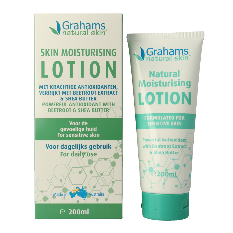 Grahams Skin moisturizing lotion in a 200ml bottle, designed for facial skincare with a smooth, nourishing formula.