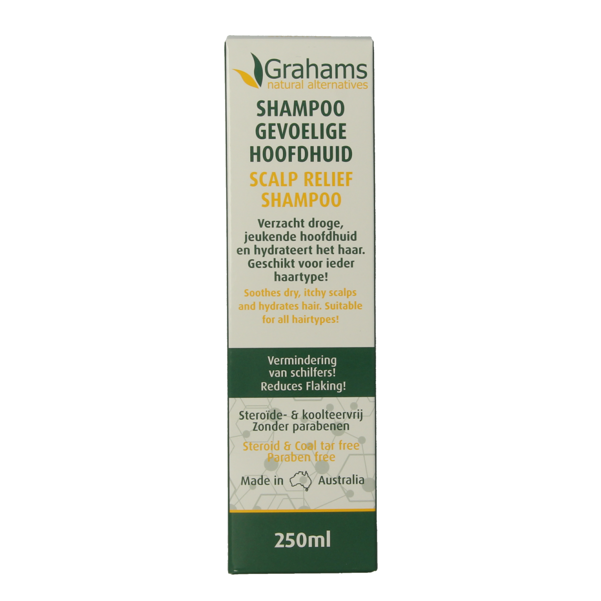 Grahams shampoo for sensitive scalp, 250ml, in a clear bottle with white and green label, suitable for gentle hair cleansing.
