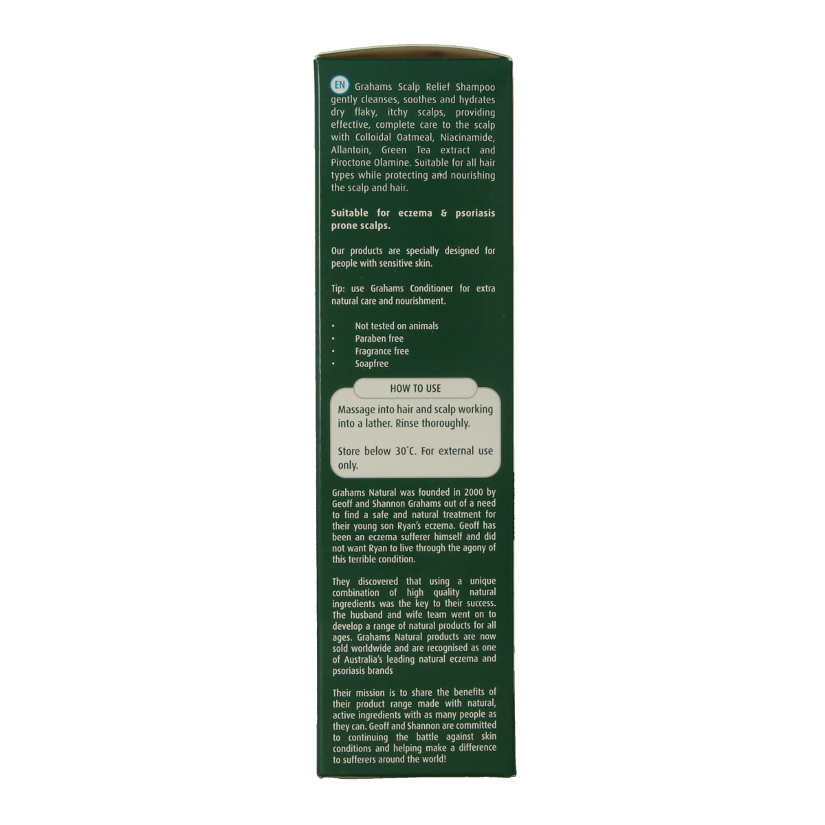 Grahams shampoo for sensitive scalp, 250ml, in a clear bottle with a white cap, suitable for gentle hair cleansing and scalp care.