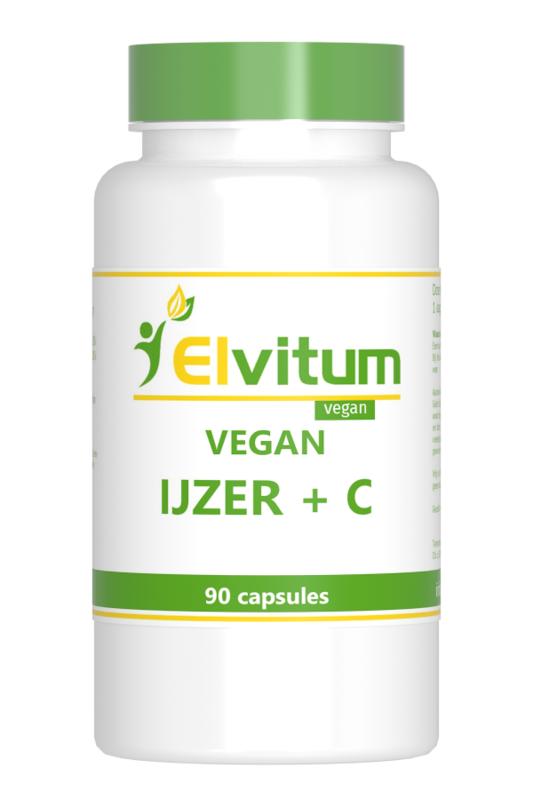 Elvitum vegan iron and vitamin C mineral supplement in vegetarian capsules, 90 count, shown in a close-up image.