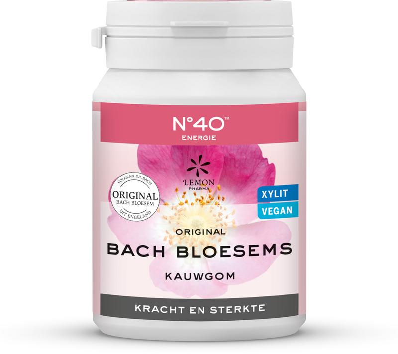 Bach Bloesem Kauwgom nr. 40 kracht en sterkte snoepgoed in 60 gram verpakking, showing colorful gum pieces.