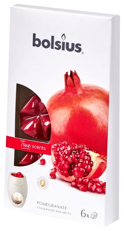 Bolsius True Scents pomegranate wax melts in a clear plastic package with six pieces, ideal for adding fragrance to a room.