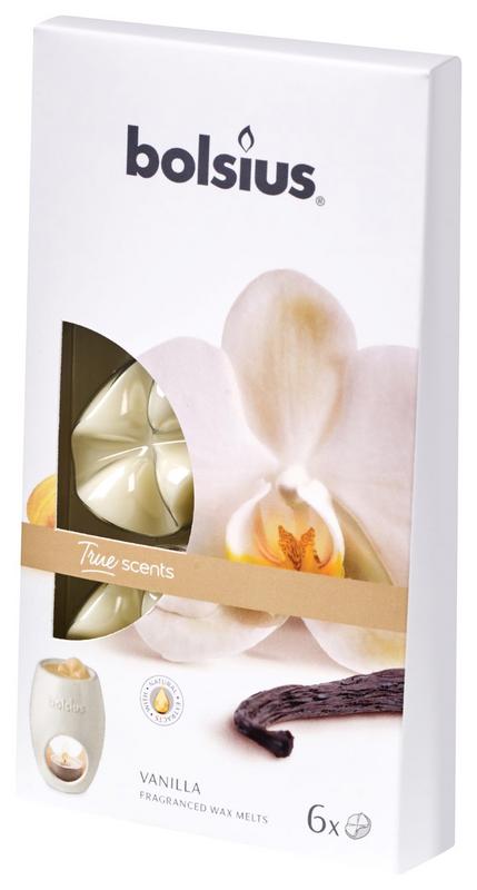 Bolsius True Scents vanilla wax melts in a clear plastic package, showing six scented candle pieces for home fragrance.