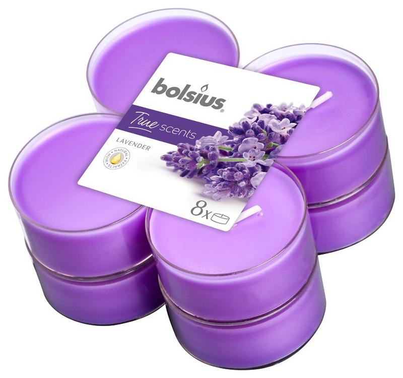 Bolsius True Scents lavendel candles, set of 8, featuring purple wax and wick for a calming lavender scent.