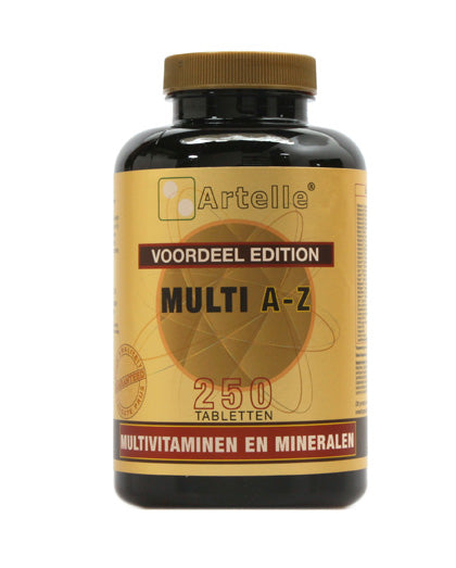 Artelle multivitamin A to Z bottle with 250 tablets, showing colorful supplement packaging and tablets inside.