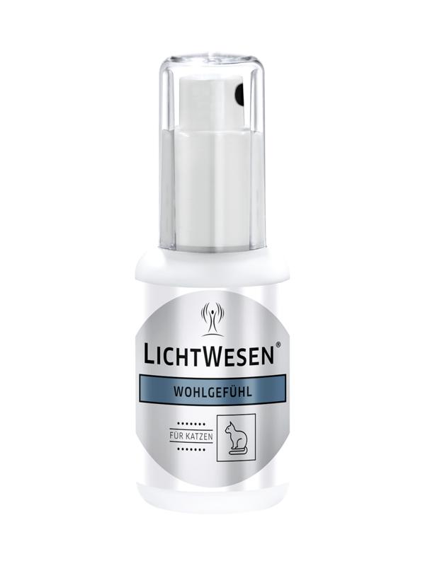 Lichtwesen Welzijn kat 30ml in een heldere fles, geschikt voor dierenverzorging, met label en productinformatie zichtbaar