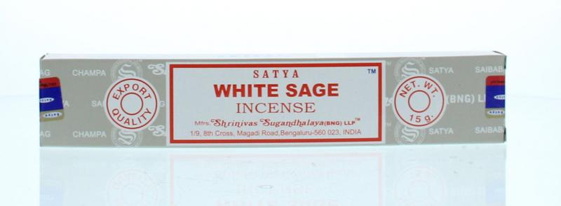 Satya White Sage incense sticks in 15 grams package, showing white sage sticks ready for burning.