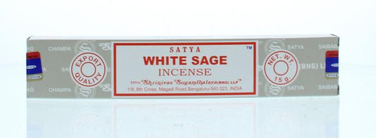 Satya White Sage incense sticks in 15 grams package, showing white sage sticks ready for burning.