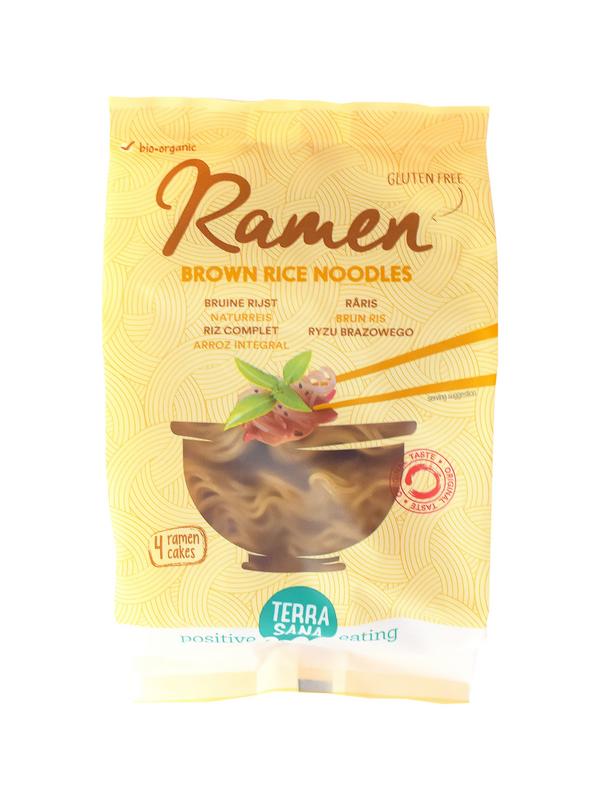 Organic TerraSana brown rice ramen pasta in a 280g package, ready for cooking, with a focus on natural, healthy ingredients.