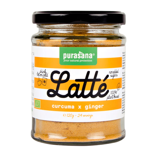 Purasana vegan turmeric ginger latte superfood in a 120g package, featuring a blend of raw organic turmeric and ginger.