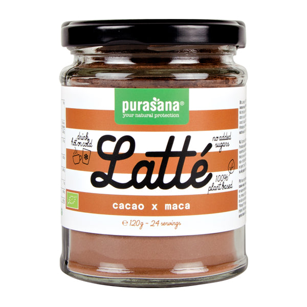 Purasana Latte Cacao Maca vegan raw superfood in 120g package, showing the label and product container.