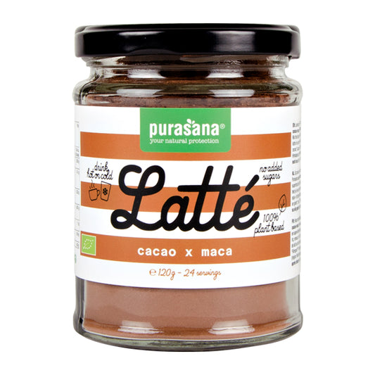 Purasana Latte Cacao Maca vegan raw superfood in 120g package, showing the label and product container.
