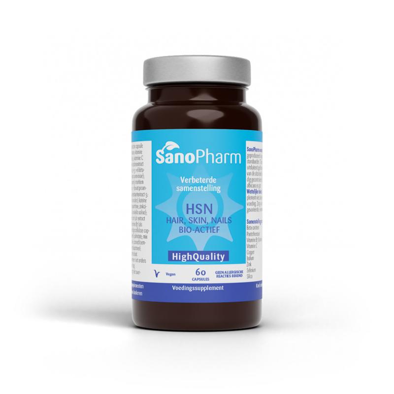 SanoPharm HSN Hair Skin Nails multivitamin capsules in a bottle, promoting healthy hair, skin, and nails.